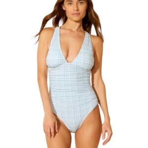 Shade & Shore Women's Gingham Pucker Plunge Full Coverage One Piece Swimsuit L